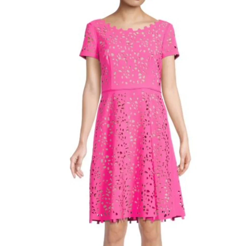 Focus By Shani Women's Pink/Beige Laser Cutout A-line Dress Size: 6 - Picture 2 of 7